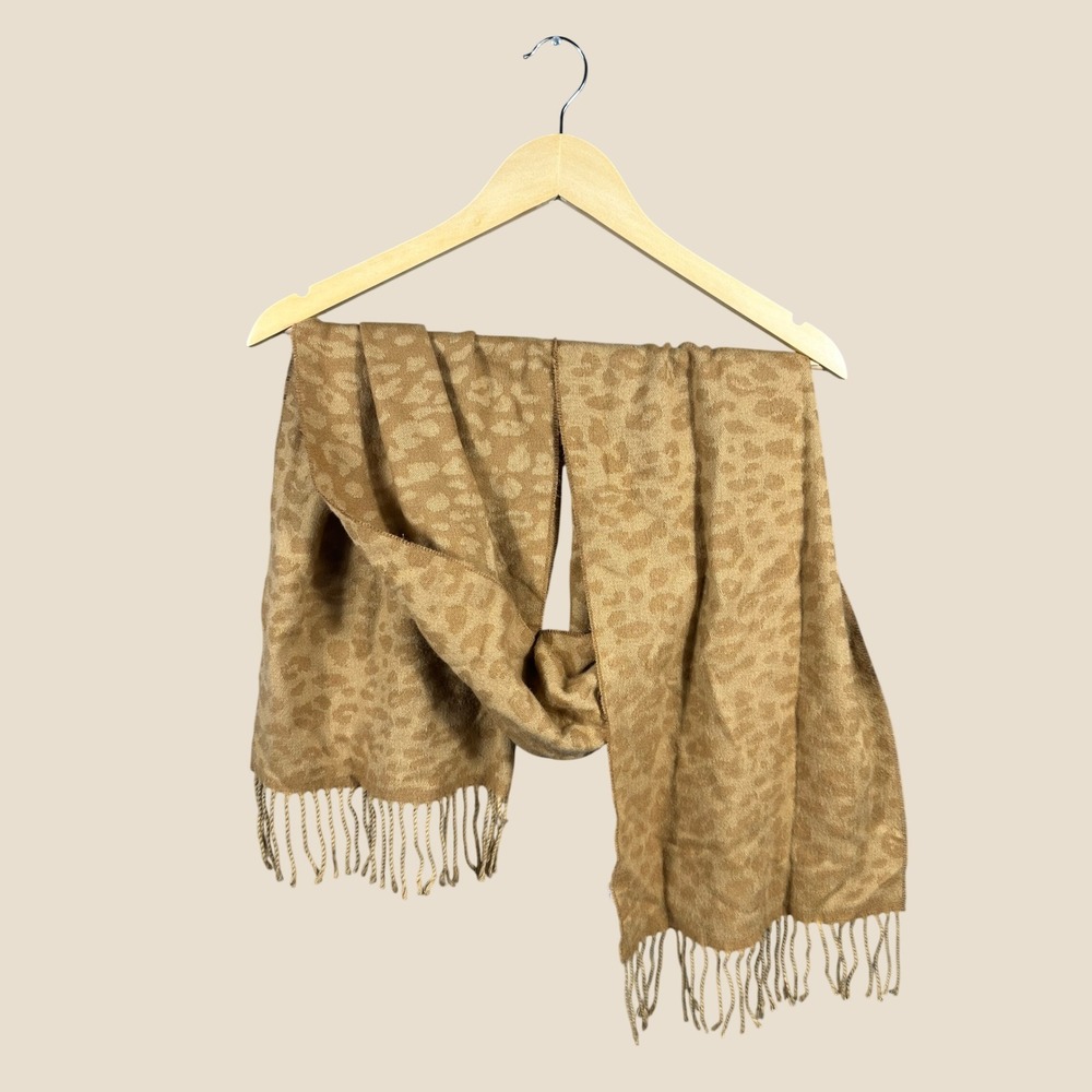 Merona Tan Leopard Print Scarf Fringe Trim Acrylic Knit Animal Print Oblong